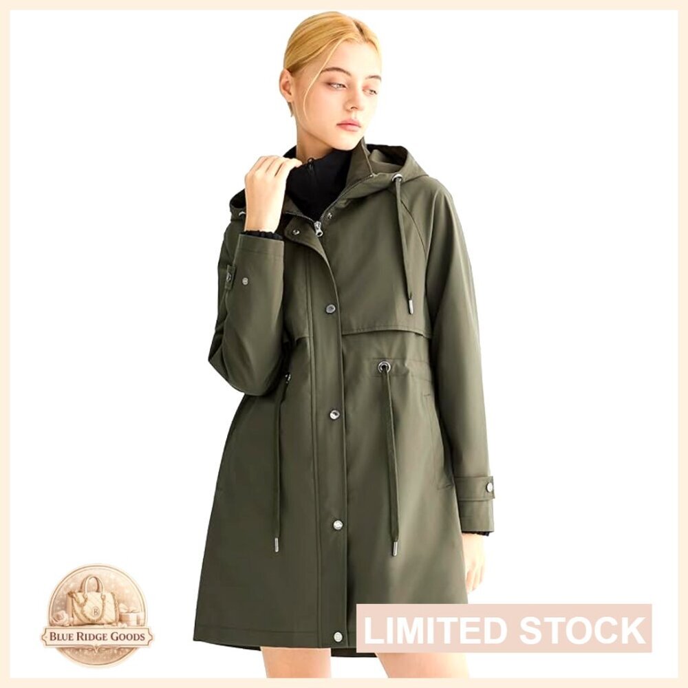 Lightweight Waterproof Raincoat Trench Style Adjustable Hood Chic Outdoor Active
